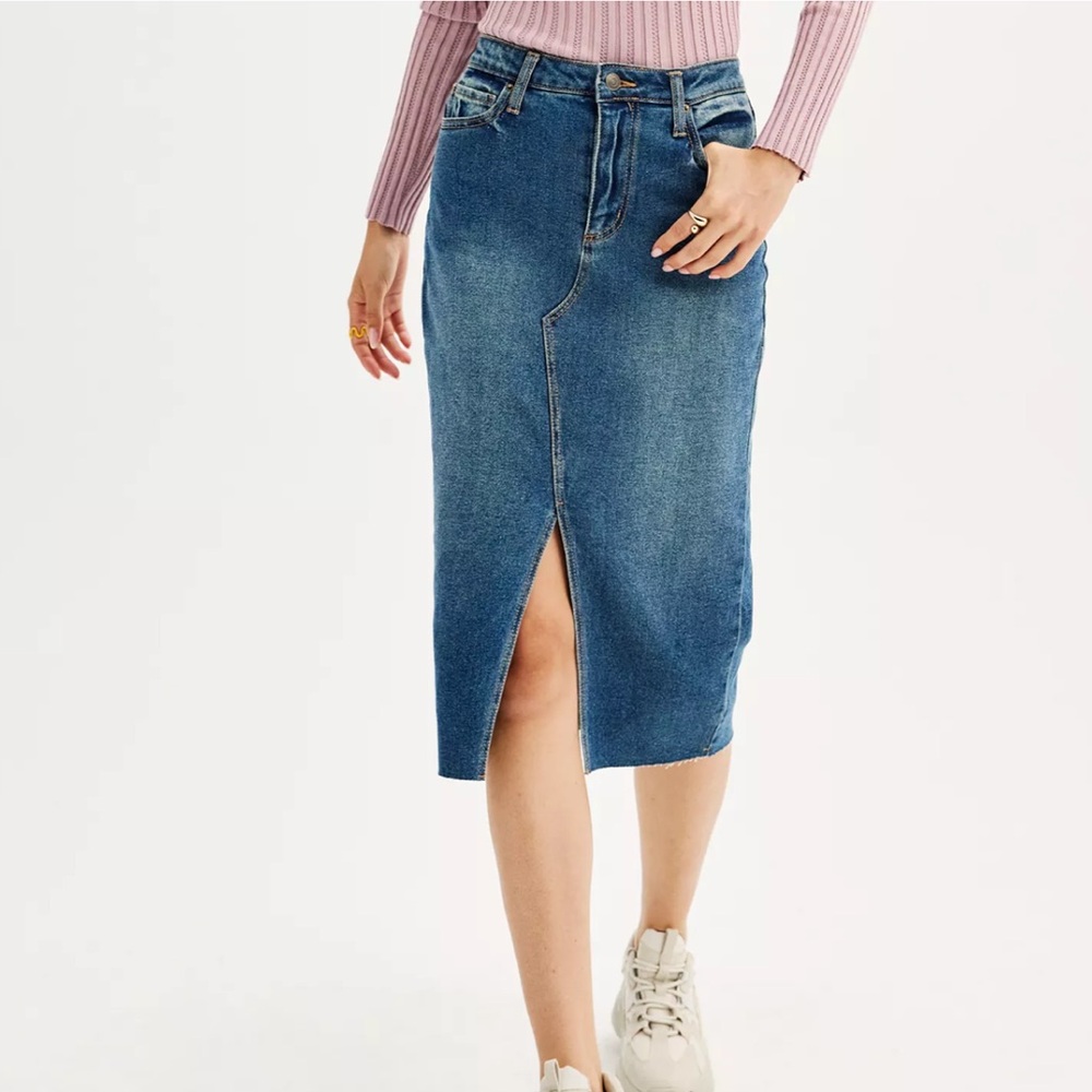 NWT SO High Rise MIDI Denim Skirt with Slit Blue Indigo size 15/ XL